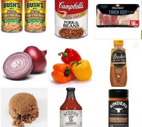 cowboy bbq baked beans, ingredients including chili beans pork and beans bacon onion gold BBQ sauce brown sugar and BBQ sauce