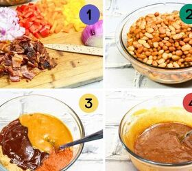 cowboy bbq baked beans, a collage showing to how to cut ingredients and make the sauce for bbq baked beans
