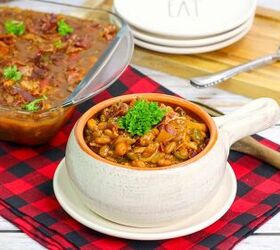 cowboy bbq baked beans, a bowl of bbq baked beans with a 9x13 pan of beans in the background