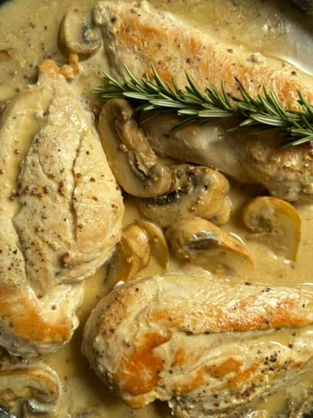 juicy chicken marsala thighs gf one skillet, Chicken breasts in a skillet with a creamy dijon mustard sauce