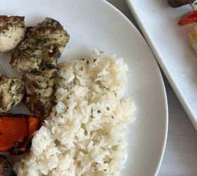 juicy chicken marsala thighs gf one skillet, Grilled Chicken Kabobs on a white plate with a pesto marinade and rice