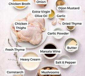 juicy chicken marsala thighs gf one skillet, Labeled ingredients for a delicious Chicken Marsala recipe arranged on a white surface perfect for a one skillet meal Includes chicken thighs broth onion olive oil Dijon mustard garlic thyme mushrooms cream and more naturally gluten free