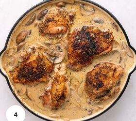 juicy chicken marsala thighs gf one skillet, A skillet filled with five seasoned browned chicken thighs simmers in a creamy gluten free mushroom sauce with sliced mushrooms and onions This rich and savory one skillet dish is pictured with a white circle showing the number 4 in the bottom left corner
