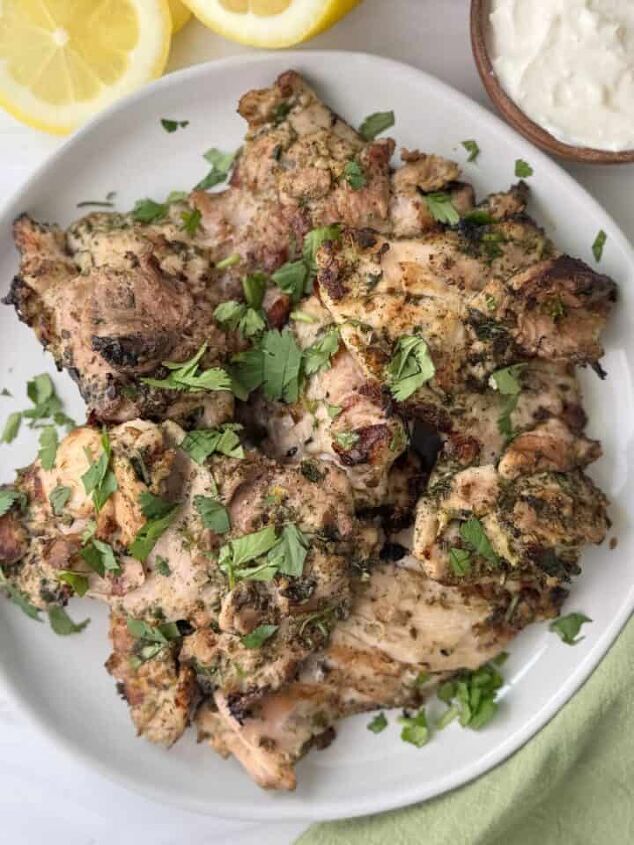 juicy chicken marsala thighs gf one skillet, Grilled za atar chicken with a lemon yogurt garlic sauce on the side