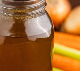 crock pot vegetable stock, Crock Pot Vegetable Stock in a mason jar close up
