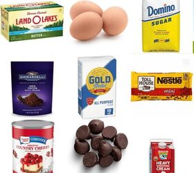 cherry brownies, ingredients including butter eggs sugar cocoa powder flour chocolate chips cherry pie filling and heavy cream