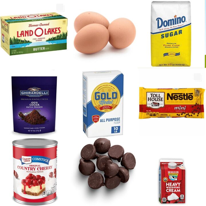 cherry brownies, ingredients including butter eggs sugar cocoa powder flour chocolate chips cherry pie filling and heavy cream
