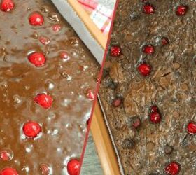 cherry brownies, a pan of unbaked brownie batter with cherries and a second photo showing them after baking