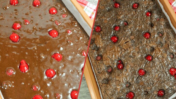 cherry brownies, a pan of unbaked brownie batter with cherries and a second photo showing them after baking