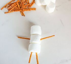 cute and easy marshmallow snowmen for the holidays, Pretzel sticks added as arms and legs to the marshmallow snowman body