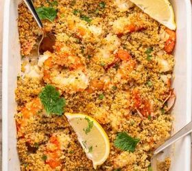 chicken marsala meatballs gf one pan, A white baking dish filled with shrimp oreganata baked to perfection and topped with golden crispy breadcrumbs garnished with lemon wedges and parsley Two serving spoons are in the dish and a lemon sits beside it on the table