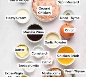 chicken marsala meatballs gf one pan, Overhead view of labeled ingredients in bowls for gluten free Chicken Marsala Meatballs including ground chicken marsala wine mushrooms garlic breadcrumbs onion broth herbs butter cream and seasonings perfect for a one pan meal