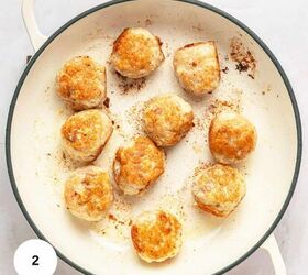 chicken marsala meatballs gf one pan, Ten browned Chicken Marsala Meatballs cook in a white skillet surrounded by browned bits and oil This one pan dish is pictured with a white circle labeled 2 in the lower left corner