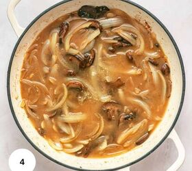 chicken marsala meatballs gf one pan, A white pot filled with a brown broth sliced onions and mushrooms simmers on a light surface perfect for a One Pan Chicken Marsala Meatballs dish Steam and bubbles rise with a white circle featuring the number 4 in the bottom left corner