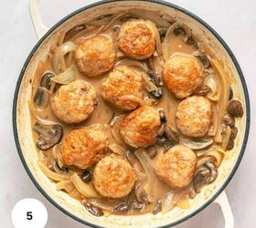 chicken marsala meatballs gf one pan, A white pot filled with Chicken Marsala Meatballs in a creamy brown sauce with sliced onions and mushrooms This gluten free one pan dish is photographed from above on a light surface with a white circle labeled 5 in the bottom left corner
