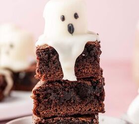 halloween brownies easy ghost brownies, Ghost brownies arranged on a white serving plate stacked one above the other