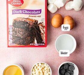 halloween brownies easy ghost brownies, ingredients being laid out for making Halloween Ghost Brownies