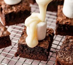 halloween brownies easy ghost brownies, Melted white chocolate being poured over marshmallows topped on brownies