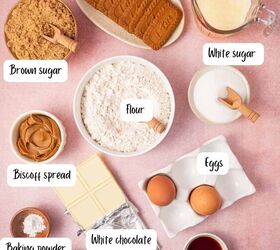 biscoff blondies with white chocolate cookie butter, Ingredients laid out for making fudgy biscoff blondies recipe