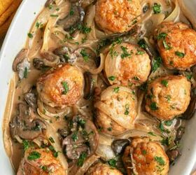 easy chicken roulade recipe with spinach sundried tomatoes gf, One Pan Chicken Marsala Meatballs in a creamy mushroom and onion sauce garnished with parsley served in a white oval dish A yellow cloth napkin and fresh herbs are partially visible beside this gluten free meal