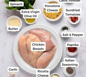 easy chicken roulade recipe with spinach sundried tomatoes gf, A plate with raw chicken breasts ready for a flavorful Chicken Roulade is surrounded by labeled ingredients spinach sundried tomatoes extra virgin olive oil ricotta cheese provolone cheese garlic and Italian seasoning