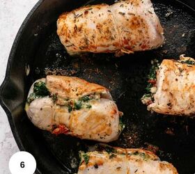 easy chicken roulade recipe with spinach sundried tomatoes gf, Four chicken roulades tied with string sizzle in a cast iron skillet filled with spinach sundried tomatoes and cheese A white circle with the number 6 appears in the bottom left corner