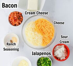 jalapeno popper dip with bacon, ingredients including bacon jalapenos shredded cheese sour cream ranch seasoning and mayonnaise