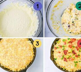 jalapeno popper dip with bacon, a 4 image collage showing how to mix and layer a cream cheese and bacon jalapeno popper dip