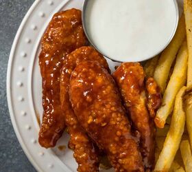 honey bbq chicken recipe honey barbecue chicken tenders, Overhead image of Honey BBQ Chicken Tenders on a white plate with fries and ranch