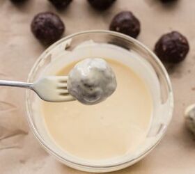 chocolate peppermint protein balls refined sugar free no bake high, Dipping chocolate peppermint protein balls into melted white chocolate coating