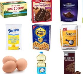 smores cake, ingredients including butter cake mix cocoa powder powdered sugar graham crackers sugar eggs and oil