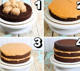 smores cake, a 4 image collage showing how to layer and frost chocolate cake with chocolate frosting