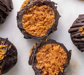 biscoff truffles recipe easy no bake cookie truffles, Bite shot showing the soft cookie butter center inside a rich dark chocolate Biscoff truffle