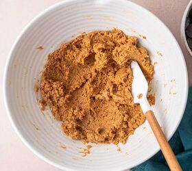 biscoff truffles recipe easy no bake cookie truffles, Biscoff cream cheese mixture being mixed using a spatula