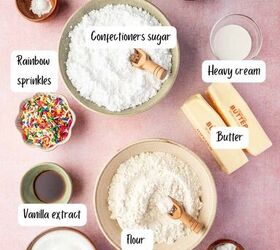 funfetti birthday cake cookies with sprinkles recipe, Overhead of ingredients for funfetti birthday cake cookies and frosting