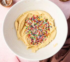 funfetti birthday cake cookies with sprinkles recipe, Mixing bowl of funfetti cookie dough with colorful sprinkles folded in