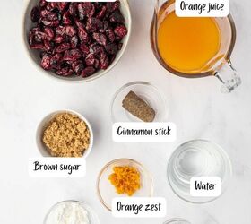 cranberry sauce from dried cranberries easy holiday recipe, ingredients laid out for Easy holiday sauce made from basic ingredients for cranberry sauce