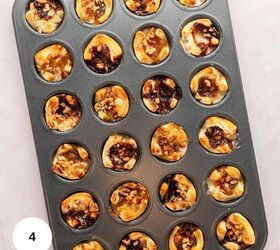 cranberry brie puff pastry bites gluten free, A muffin tin filled with baked Puff Pastry Bites some with a golden brown topping and others with a darker caramelized filling The tin sits on a light colored surface with a white circle labeled 4 in the corner