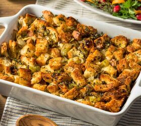 sausage stuffing recipe classic sage and sausage stuffing, Sausage Stuffing in a white baking dish