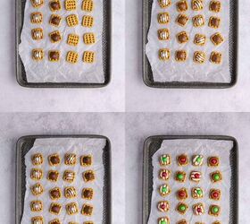 pretzel christmas treats, Christmas Pretzel Treats being baked and assembled on a baking sheet