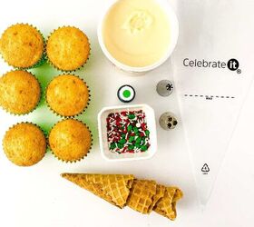 easy christmas tree cupcakes to brighten holidays, Ingredients for making Christmas tree cupcakes including vanilla cupcakes white frosting holiday sprinkles green food coloring waffle cones piping tips and a piping bag arranged on a white background