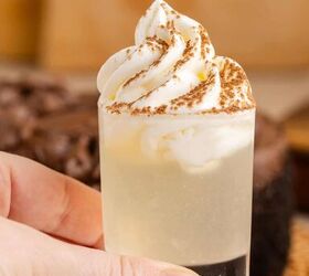 chocolate cake shot, Chocolate Cake Shot in Shot Glass Garnished with Whipped Cream and Cocoa Powder with Chocolate Cake in Background