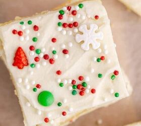 chocolate cake shot, Frosted Sugar Cookie Bars decorated for Christmas on parchment paper