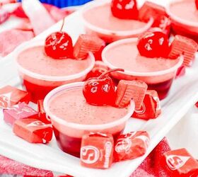 cherry starburst jello shots, Cherry Starburst Jello shots topped with a starburst cream layer a cherry and a cherry Starburst candy