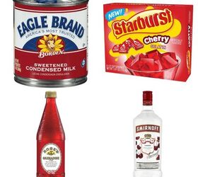 cherry starburst jello shots, ingredients including sweetened condensed milk Starburst cherry gelatin grenadine and Smirnoff Cherry vodka