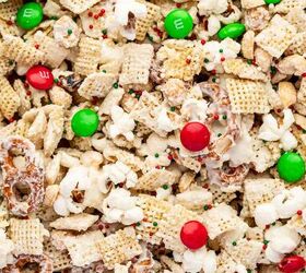 christmas crunch recipe easy holiday snack mix, Close up of sweet and salty Christmas Crunch showing popcorn pretzels and colorful holiday M Ms
