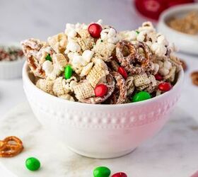 christmas crunch recipe easy holiday snack mix, Festive bowl of Christmas Crunch mix surrounded by ornaments and candy canes ideal for holiday parties
