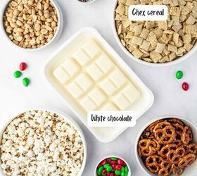 christmas crunch recipe easy holiday snack mix, Overhead shot of Christmas crunch popcorn mix ingredients kept ready ready on a marble board