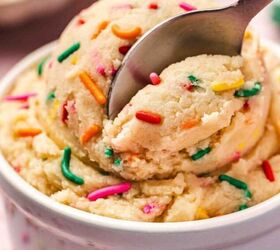 best 5 ingredient chocolate mousse to make at home, Creamy edible sugar cookie dough in a ceramic bowl with colorful sprinkles on top ready to eat
