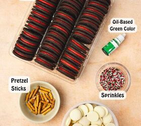 easy no bake white chocolate covered oreos 5 ingredient christmas tre, Ingredients for white chocolate covered Oreos Christmas trees red stuffed Oreos white candy melts green food coloring pretzel sticks and Christmas sprinkles